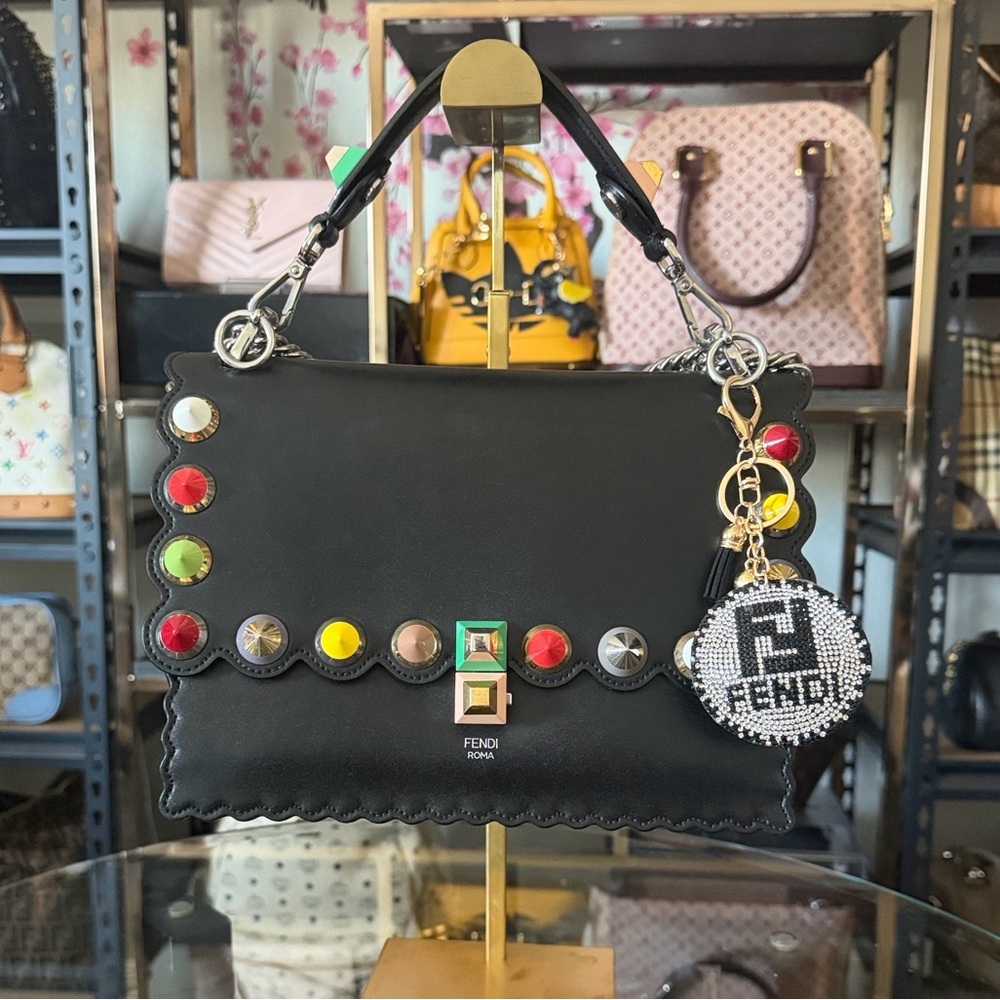 Fendi Black Kani Leather Satchel with Multicolored Stud Accents and Charm